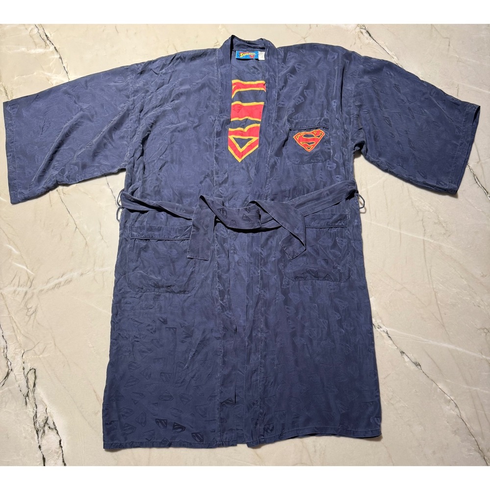 Vintage Superman 100% Silk Robe Navy Blue Jacquard Embossed DC Comics - One Size